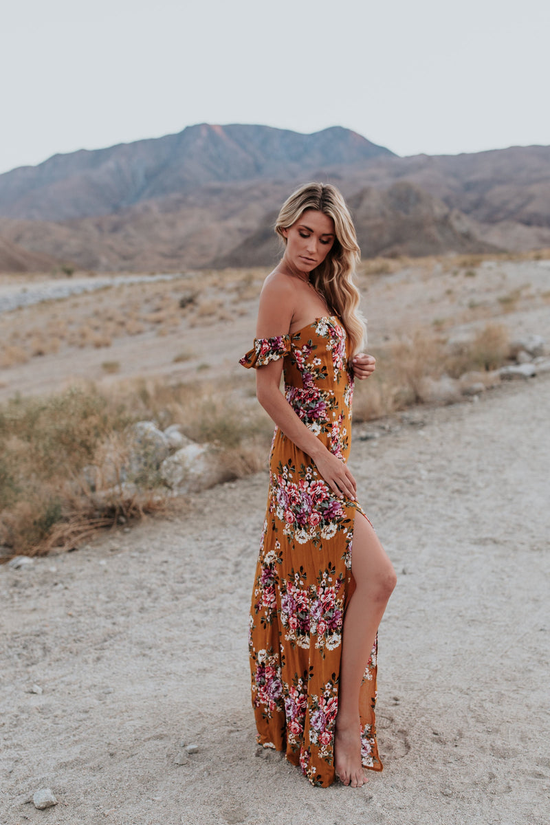 Flowers Printed Off Shoulder Party Maxi Dress - Landing Closet