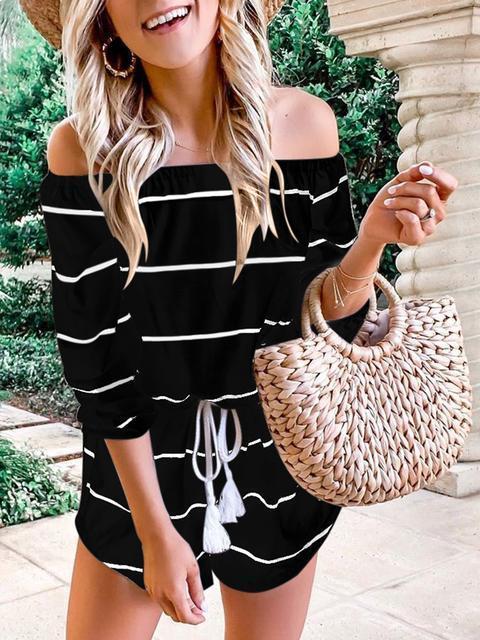 Off Shoulder Striped One-piece Rompers