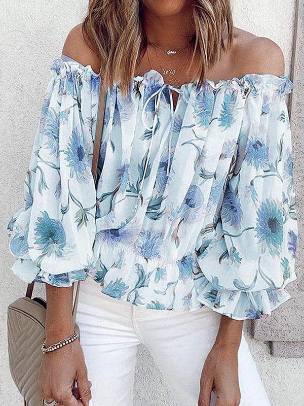 One-line Neck Floral Print Long-sleeved Chiffon Shirt