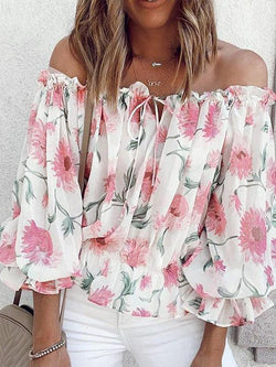 One-line Neck Floral Print Long-sleeved Chiffon Shirt