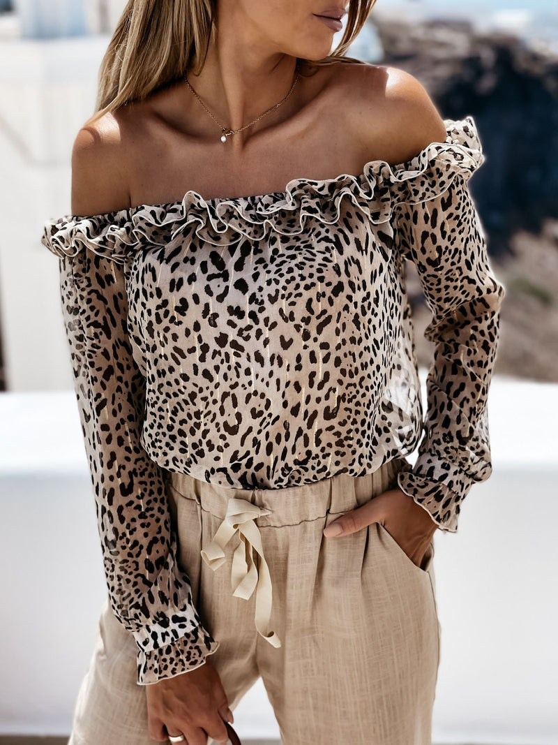 One-neck Cutout Leopard Print Casual Shirt