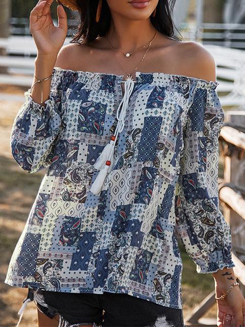 One Word Collar Strapless Bohemia Print Tops