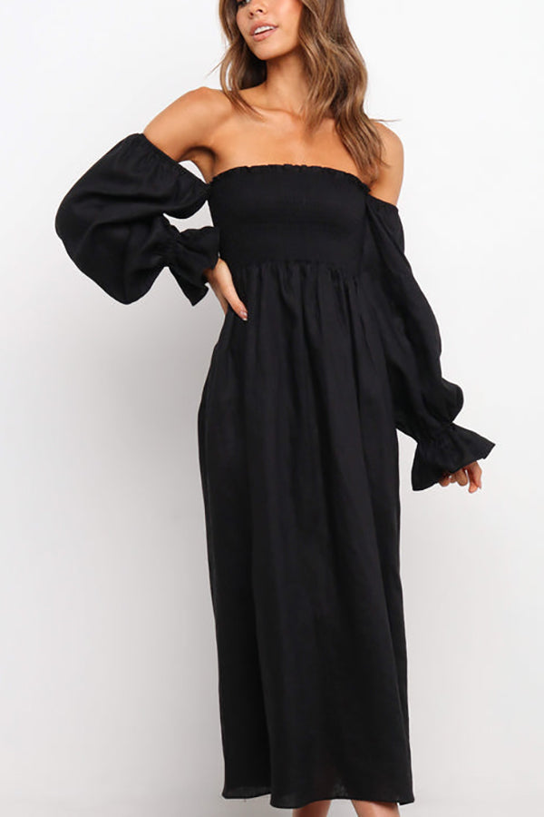 Off Shoulder Smocked Midi Dress