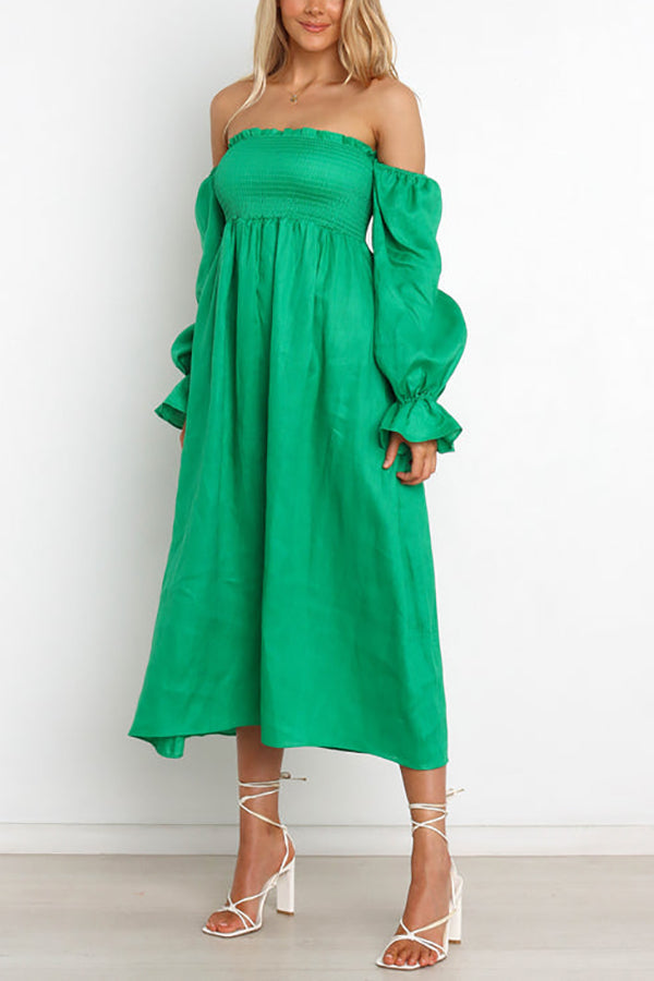 Off Shoulder Smocked Midi Dress