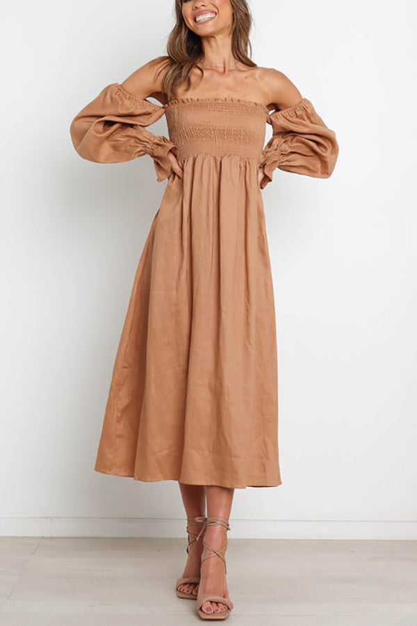 Off Shoulder Smocked Midi Dress