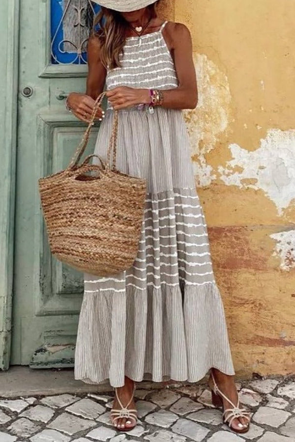 Stripe Patchwork Halter Neck Maxi Dress