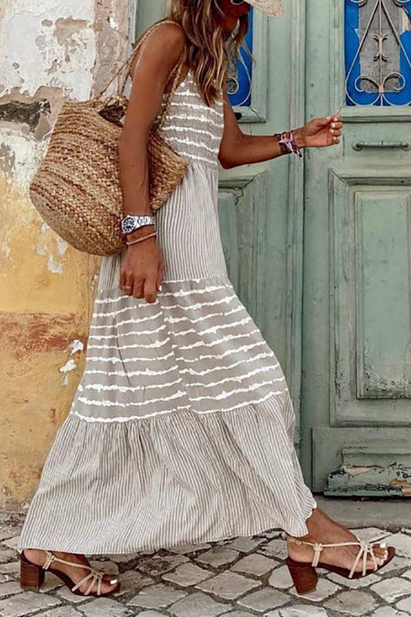 Stripe Patchwork Halter Neck Maxi Dress