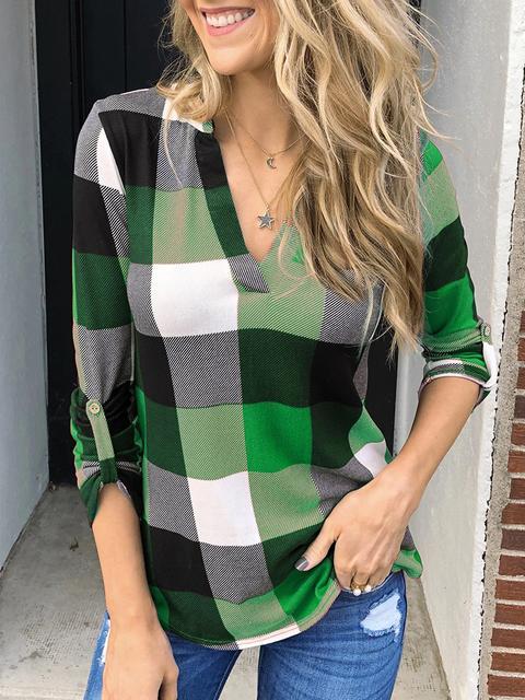 Plaid Tunic V Neck Casual Tops