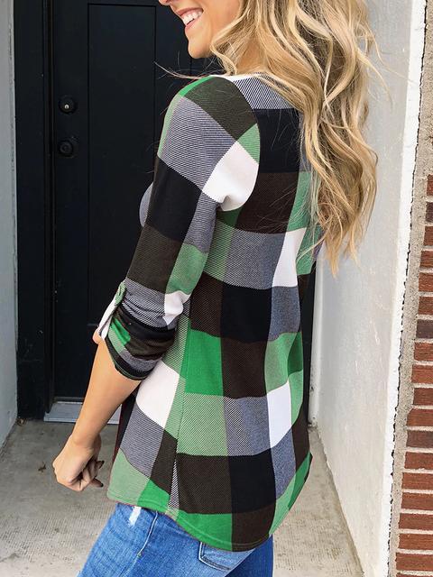 Plaid Tunic V Neck Casual Tops