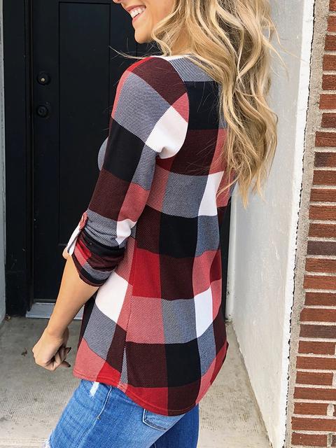 Plaid Tunic V Neck Casual Tops