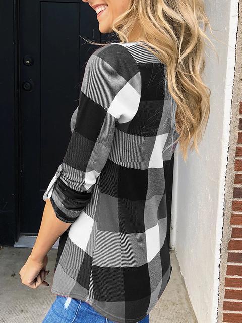 Plaid Tunic V Neck Casual Tops