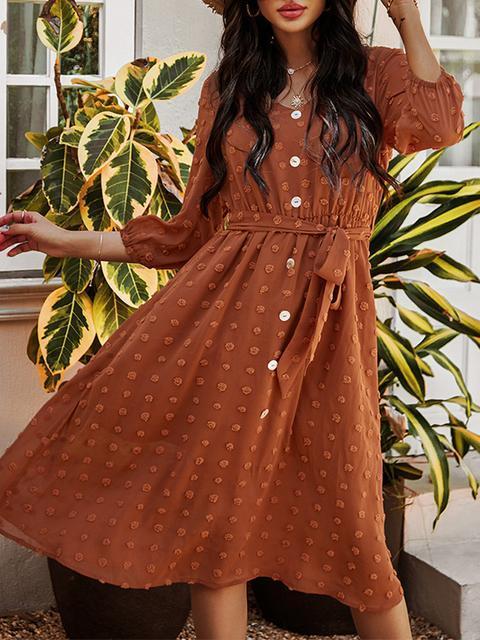 Polka Dot Button Belted Long Dress