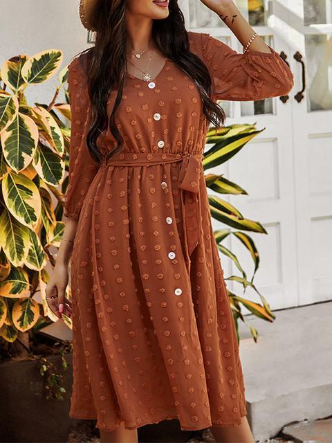 Polka Dot Button Belted Long Dress