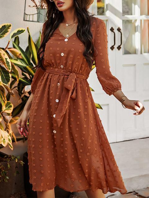 Polka Dot Button Belted Long Dress