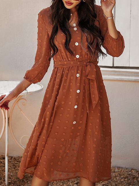 Polka Dot Button Belted Long Dress