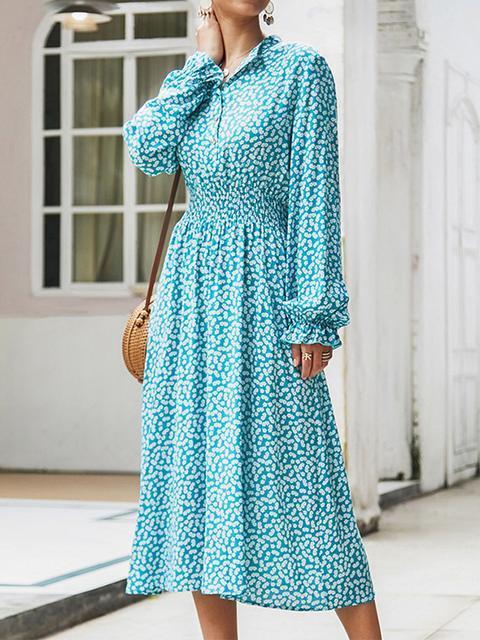 Polka Dot Print V Neck Midi Dress