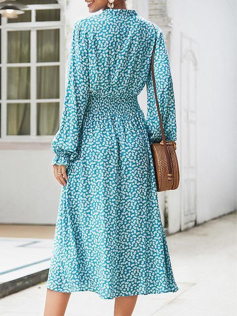 Polka Dot Print V Neck Midi Dress