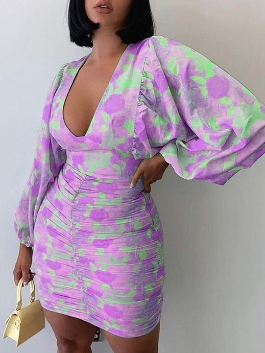 Printed V-Neck Long Sleeve Skinny Dress