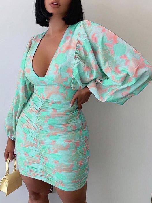 Printed V-Neck Long Sleeve Skinny Dress