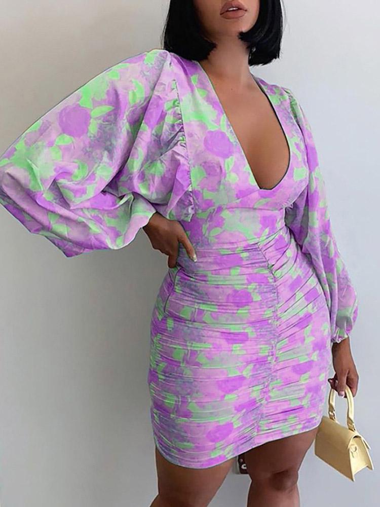 Printed V-Neck Long Sleeve Skinny Dress