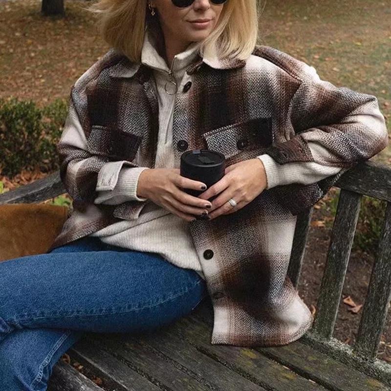 Casual Color Block Plaid Wool Blend Shirt Jacket