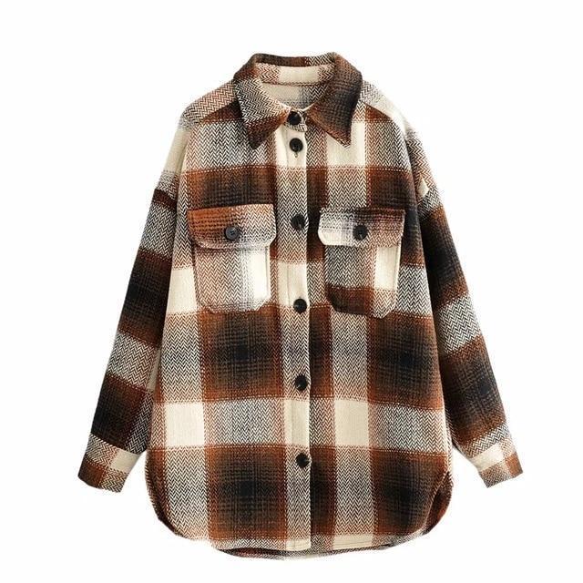 Casual Color Block Plaid Wool Blend Shirt Jacket