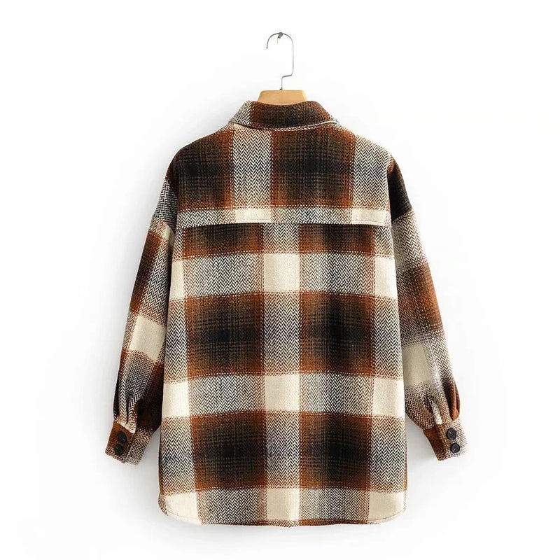 Casual Color Block Plaid Wool Blend Shirt Jacket