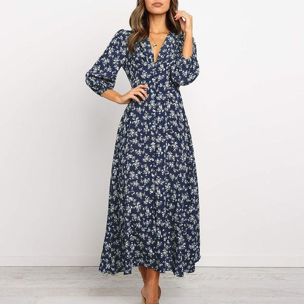 V Neck Long Dress Floral Print Lantern Sleeve A-line Maxi Dress