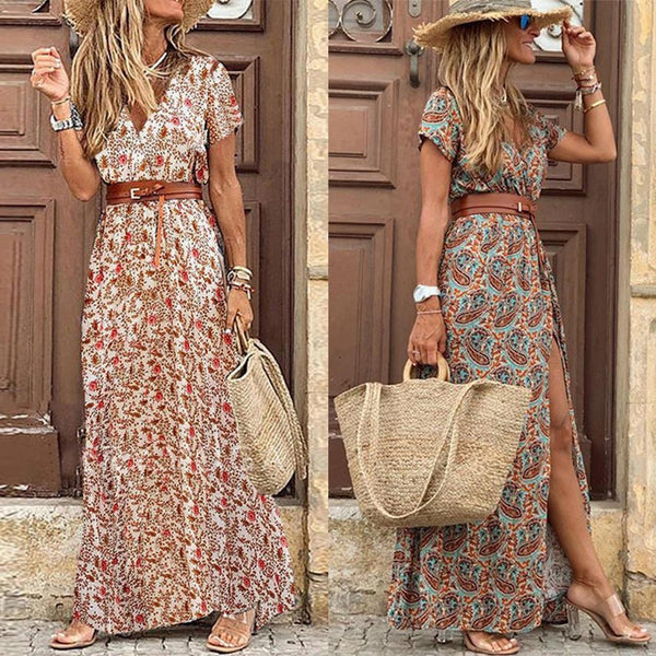 V Neck Short Sleeve  Beach Long Dress