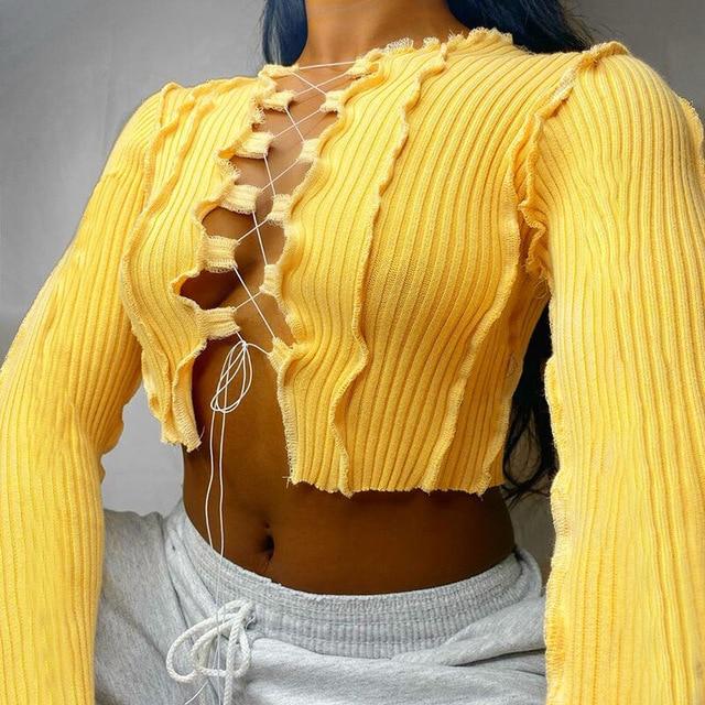 Patchwork Lace Up Long Sleeve Crop Tops