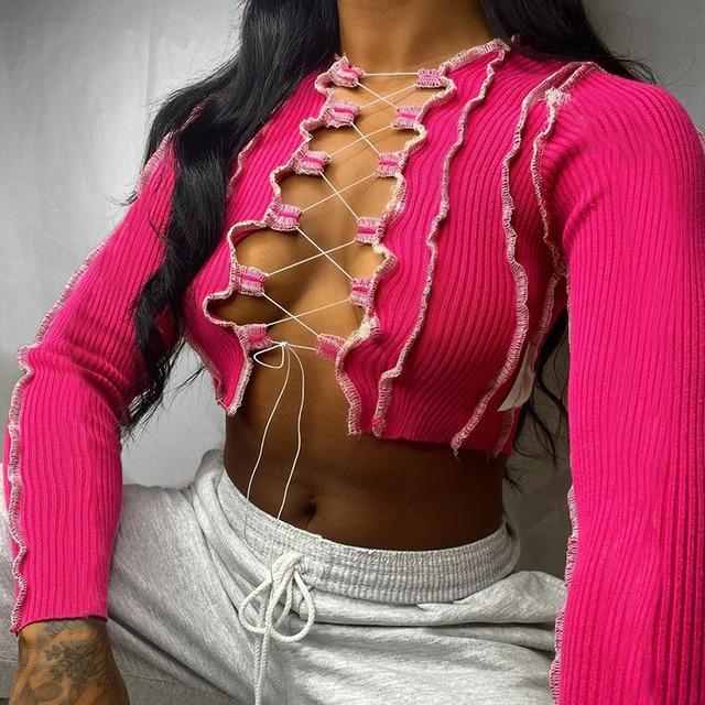 Patchwork Lace Up Long Sleeve Crop Tops