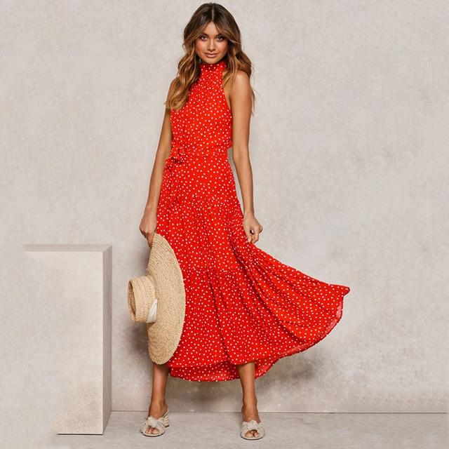 Halter Polka Dot Casual Long Dress