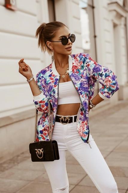 Long Sleeve  Flower Print Zipper Up Vintage Bomber Jacket