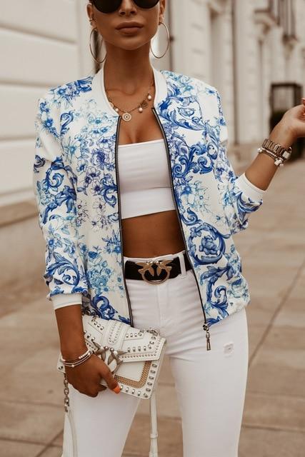 Long Sleeve  Flower Print Zipper Up Vintage Bomber Jacket