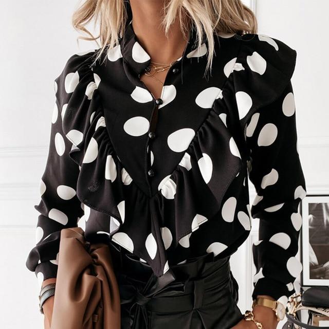 Leopard Dot Print Ruffle Blouse Shirt