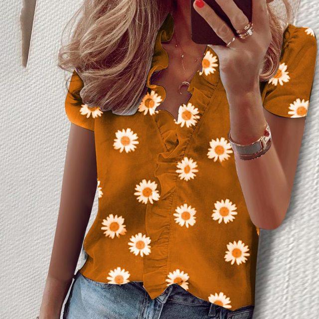 Casual Short Sleeve Sexy V-neck Ruffles Blouse Top