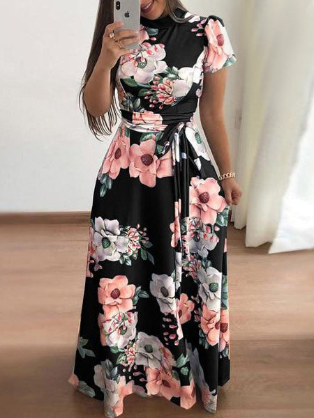 Casual Long Sleeve Boho Flower Print Long Maxi Dress