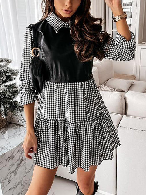 Casual Long Sleeve PU Leather Patchwork Plaid Mini Shirt Dress