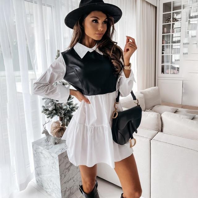 Casual Long Sleeve PU Leather Patchwork Plaid Mini Shirt Dress