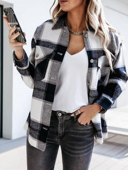 Long Sleeve Button Up Collared Plaid Blouse Tops