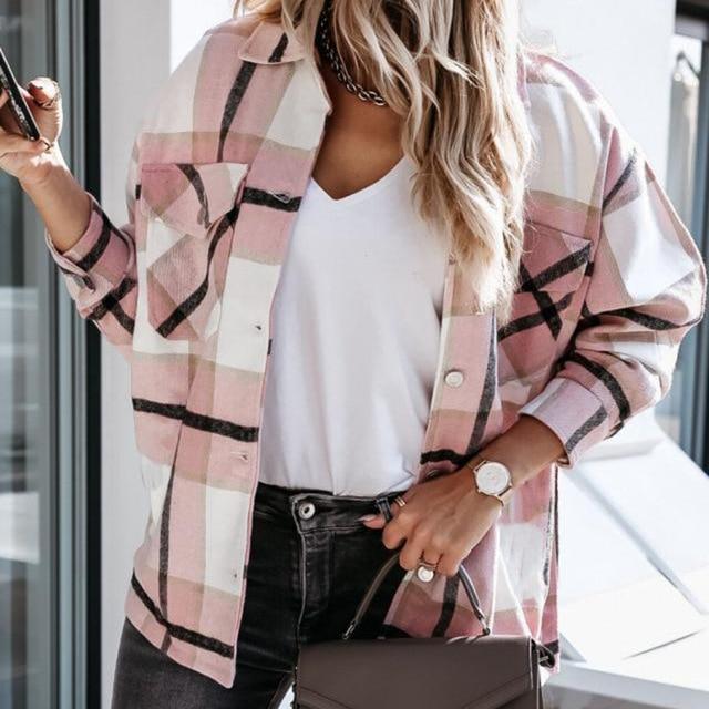 Long Sleeve Button Up Collared Plaid Blouse Tops