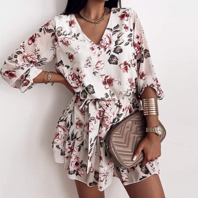 V Neck Flower Print Casual Long Sleeve Mini Dress