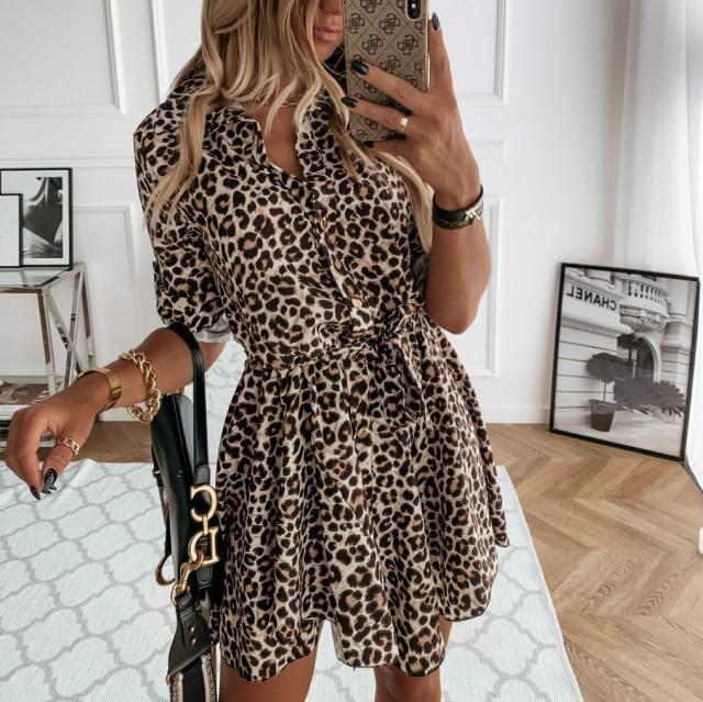 Buttons Down Leopard Printed Tie Waist Roll up Sleeve Mini Dress