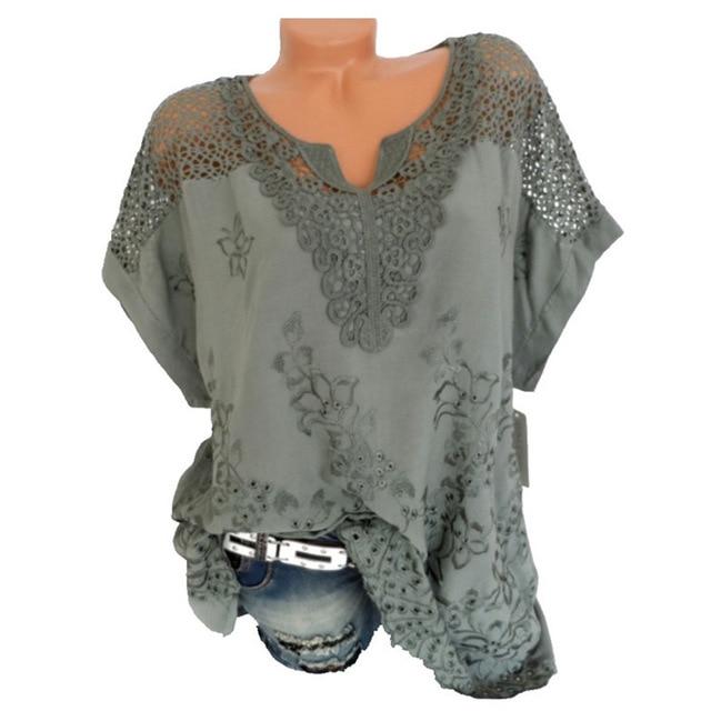 Casual Short Sleeve Loose Lace Patchwork Blouses Tops