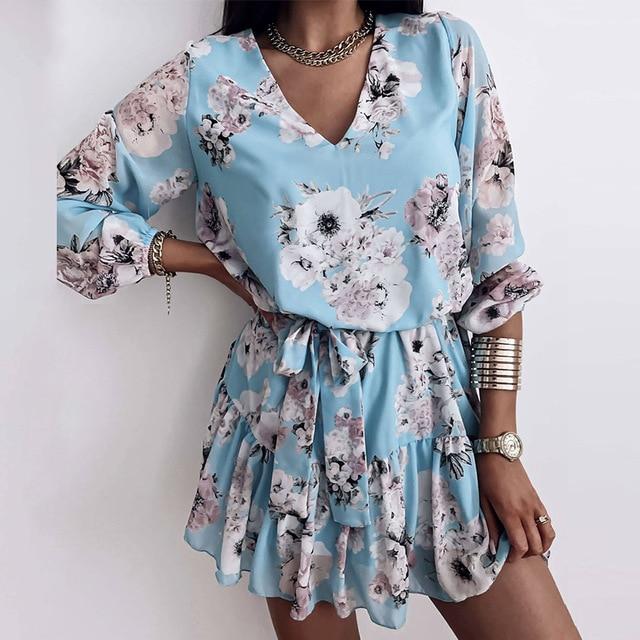 V Neck Flower Print Casual Long Sleeve Mini Dress