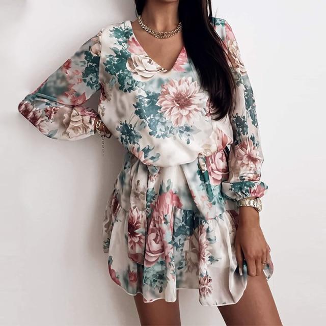 V Neck Flower Print Casual Long Sleeve Mini Dress