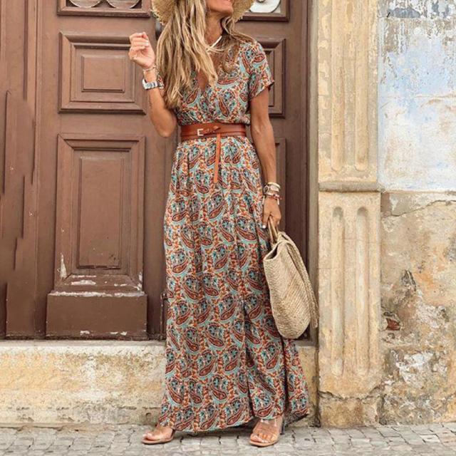 Casual V Neck Short Sleeve Retro Print Belt Hem Beach Dress