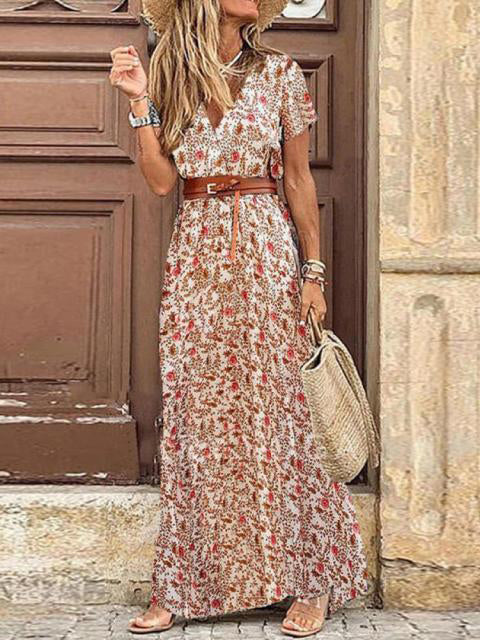 Casual V Neck Short Sleeve Retro Print Belt Hem Beach Dress