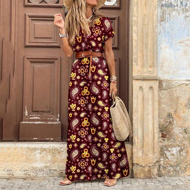 Casual V Neck Short Sleeve Retro Print Belt Hem Beach Dress