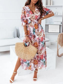 Floral Print V Neck Maxi Dress